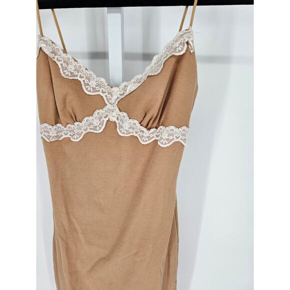 Shein Women's Strapless Tan Ruffle Mesh Lace Slip Dress Size XS - Picture 2 of 4